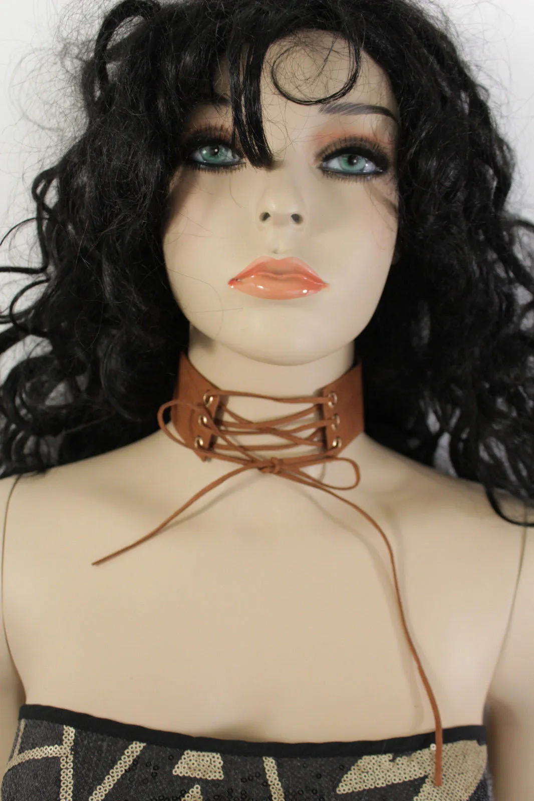 Dark Blue Metallic Rose Gold Pastel Pink Animal Print Leopard Brown Wide Denim Fabric Corset Long Tie Choker Necklace