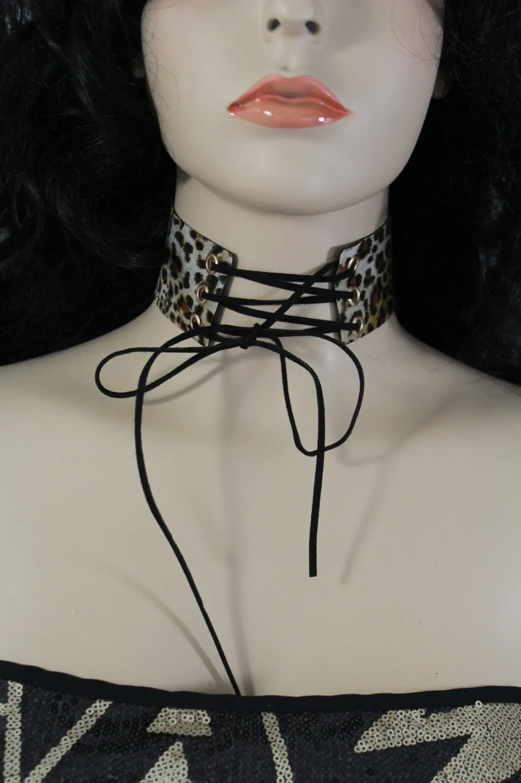 Dark Blue Metallic Rose Gold Pastel Pink Animal Print Leopard Brown Wide Denim Fabric Corset Long Tie Choker Necklace