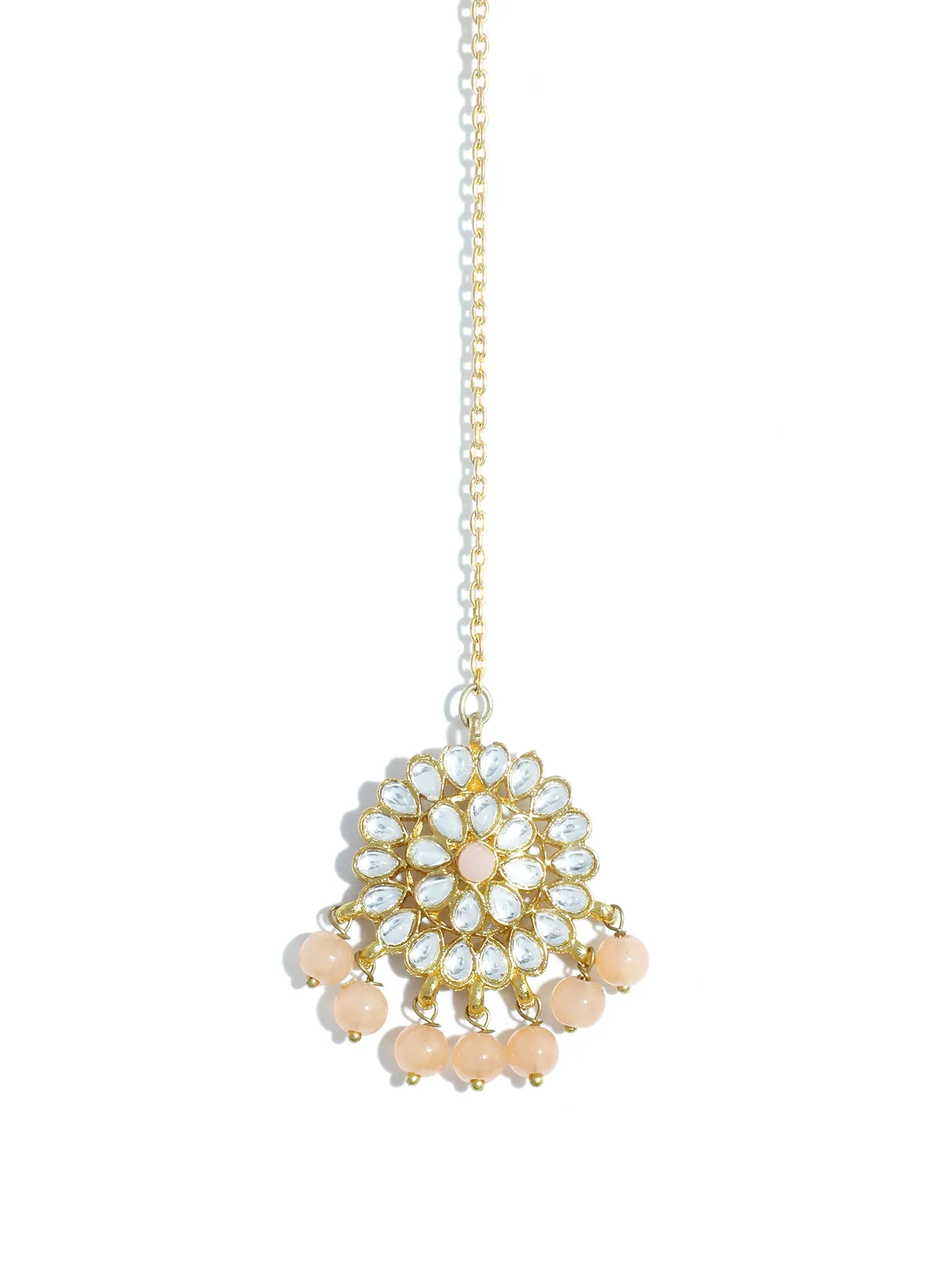 Gold Plated Peach Beads Kundan Dangler Earrings with Maangtikka for Women