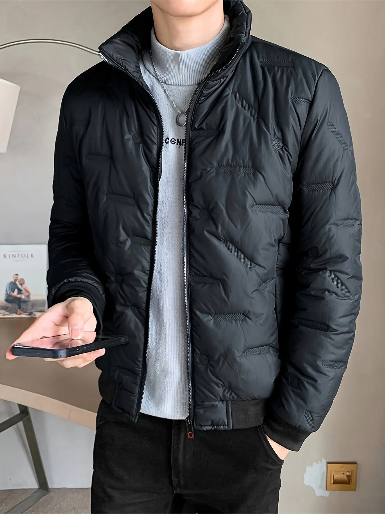 Men's Warm Solid Colour Zip-Up Stand Collar Puffer Jacket | Ideal for Autumn/Winter